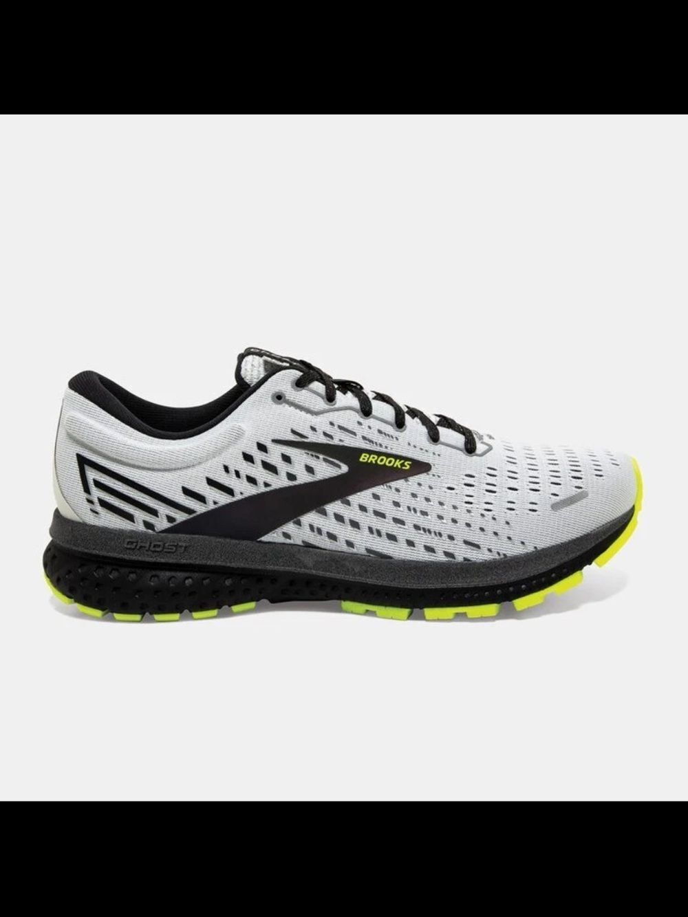 Brooks Ghost 13 White Running Shoes with Black and Neon Yellow Accents